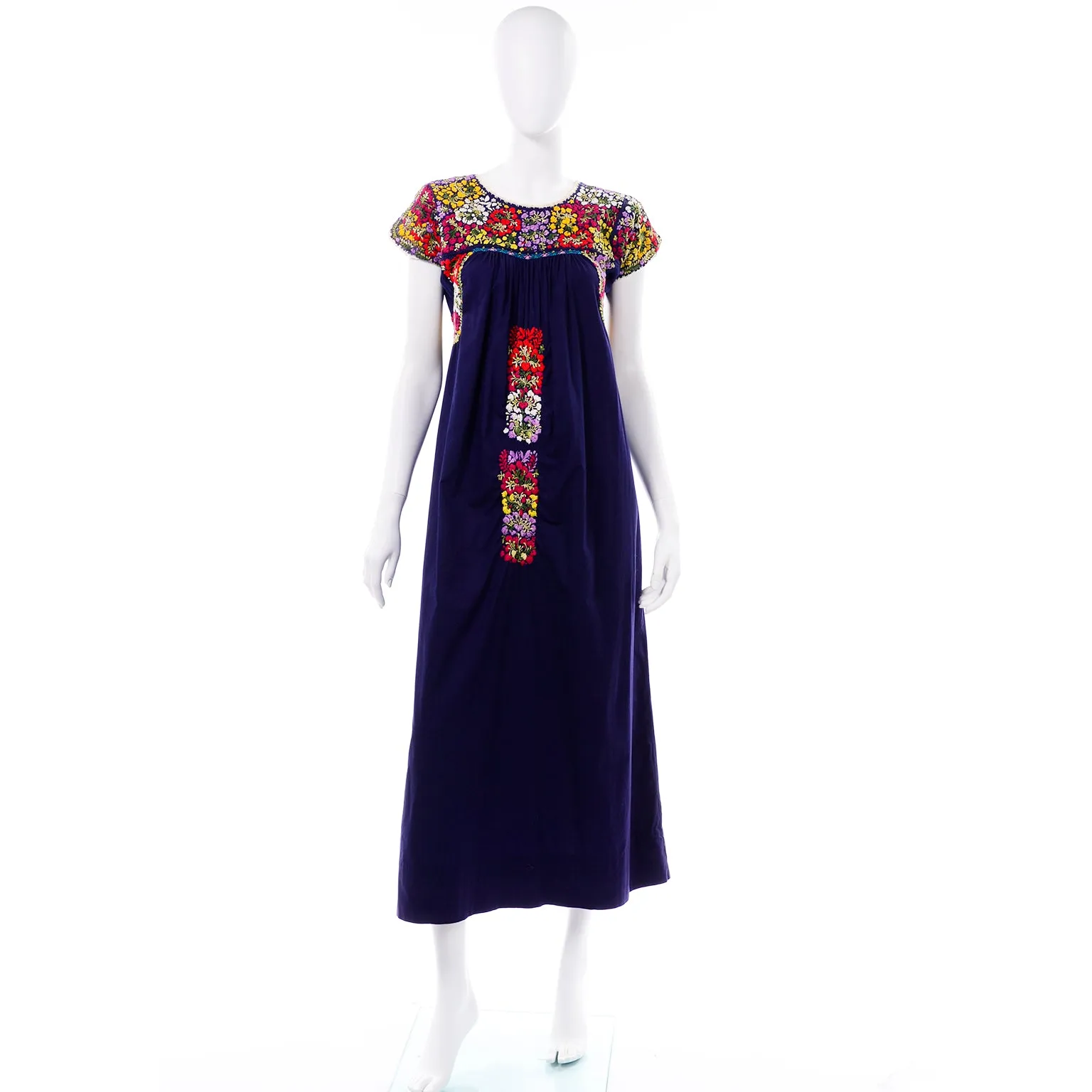 1970's Hand Embroidered Navy Blue Oaxacan Mexican Dress