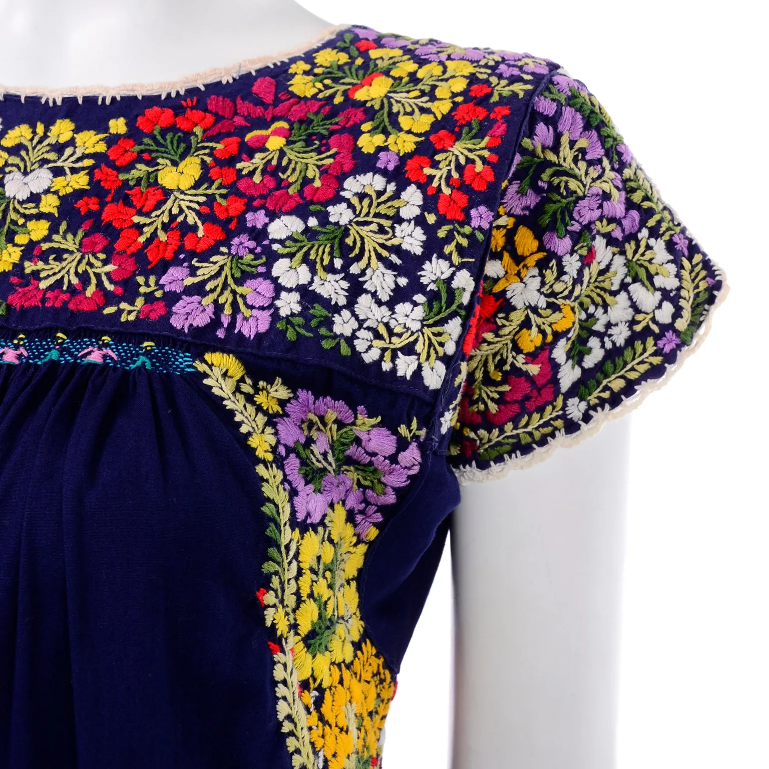 1970's Hand Embroidered Navy Blue Oaxacan Mexican Dress