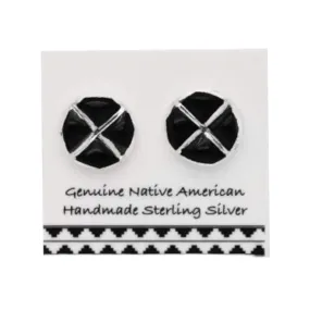 9mm Genuine Black Onyx Stud Earrings, 925 Sterling Silver, Round Inlay, Native American USA Handmade, Nickel Free