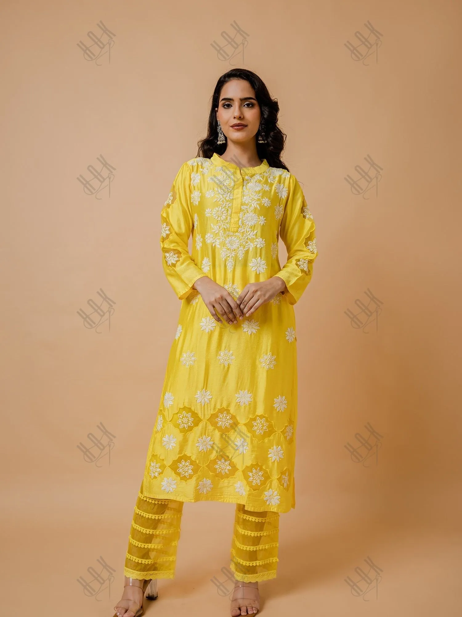 Aanchal Hans in Fizaa Yellow Chikankari Chanderi Silk Kurta Set