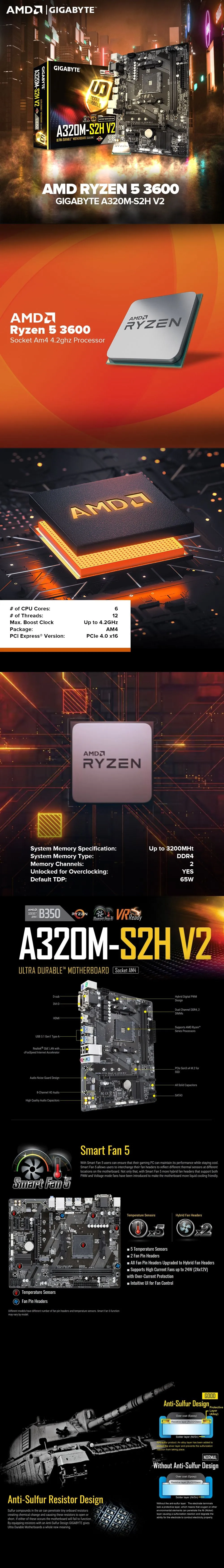 AMD Ryzen 5 3600 Processor   Gigabyte A320M-S2H V2 Motherboard Bundles