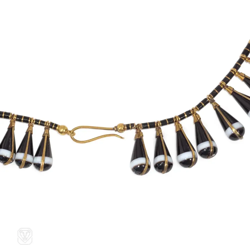 Antique banded agate and gold bib necklace