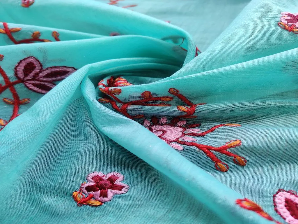 Aqua Blue Pink Flowers Embroidered Chanderi Fabric