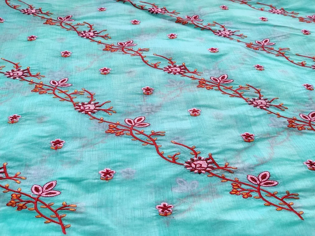 Aqua Blue Pink Flowers Embroidered Chanderi Fabric