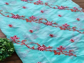 Aqua Blue Pink Flowers Embroidered Chanderi Fabric