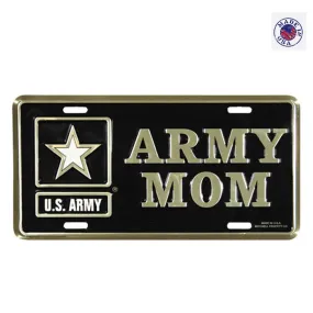 Army Mom License Plate with  with US Army Star Logo in Gold on Black Metal License Plate