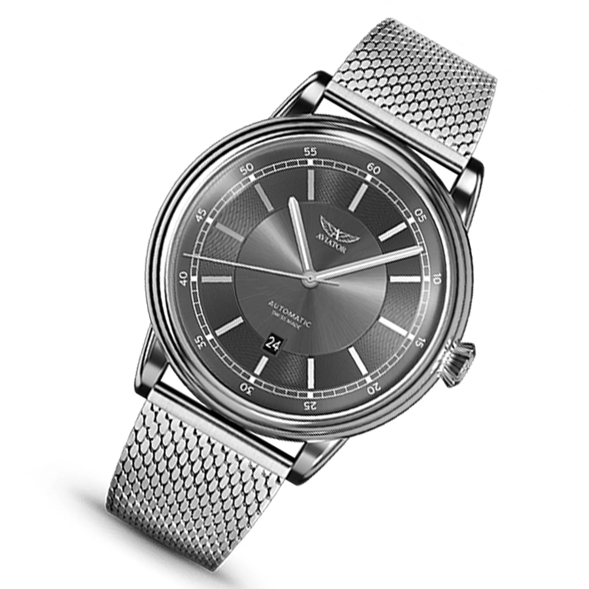 Aviator Silver Mesh Grey Dial Men's Automatic Swiss Made Watch - V33202405