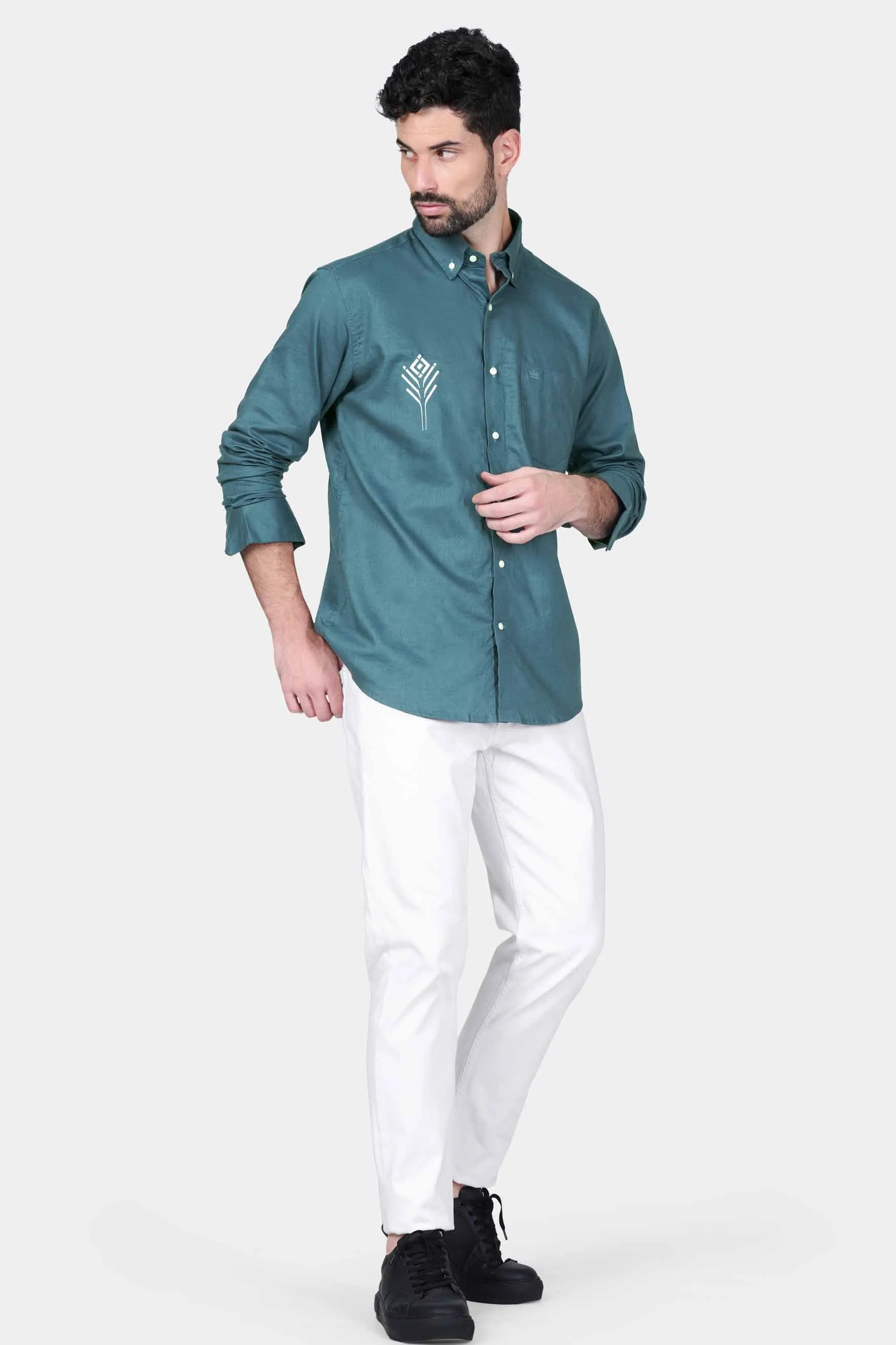 Bismark Blue Leaf Embroidered Luxurious Linen Designer Shirt