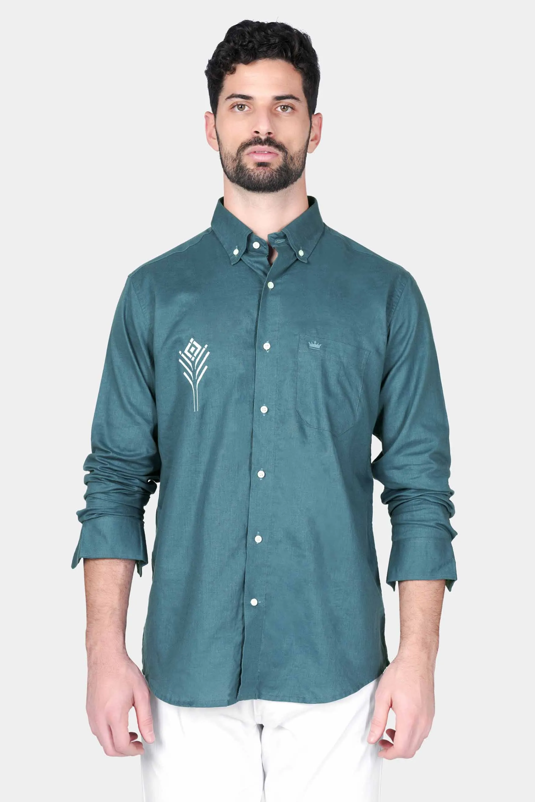 Bismark Blue Leaf Embroidered Luxurious Linen Designer Shirt