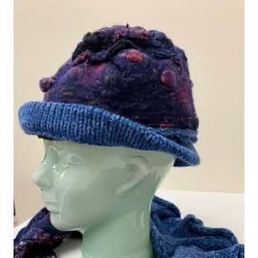 Blue hand-felt lined winter warm blue hat with hand-knit brim. Free Ship USA.