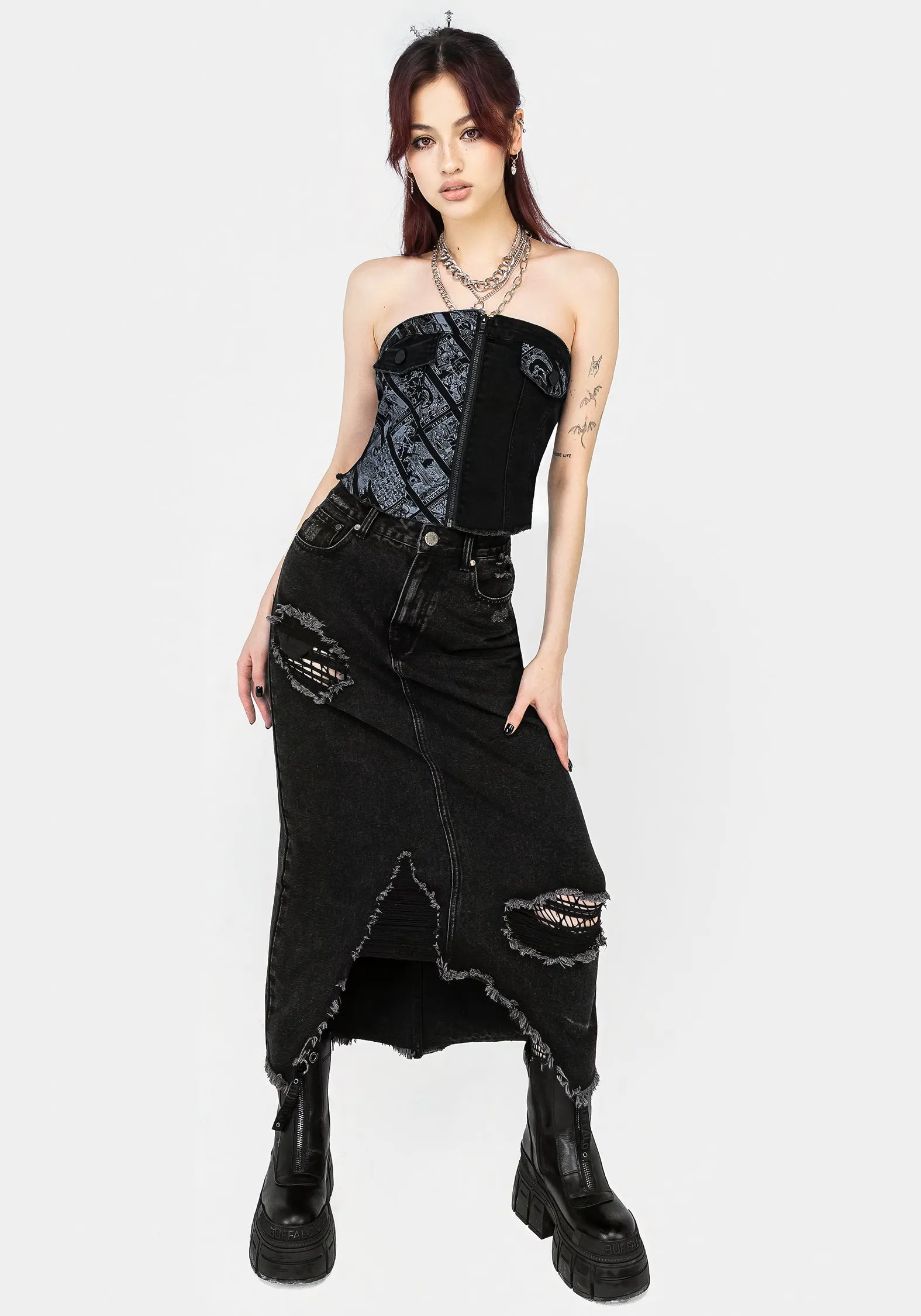 Cartomancy Spliced Zipped Denim Corset