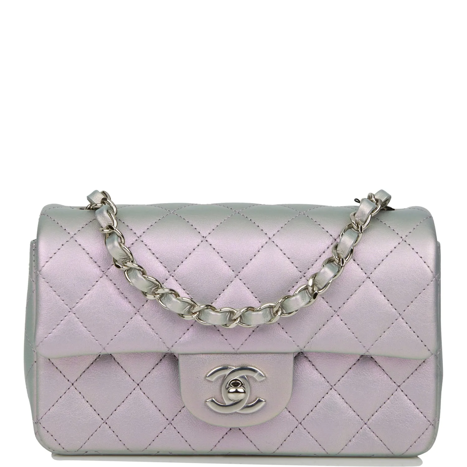 Chanel Mini Rectangular Flap Bag Purple Iridescent Quilted Lambskin Silver Hardware