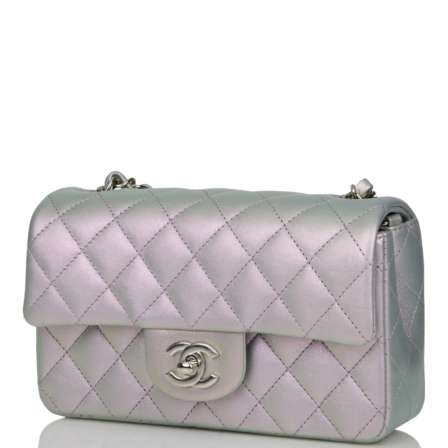 Chanel Mini Rectangular Flap Bag Purple Iridescent Quilted Lambskin Silver Hardware