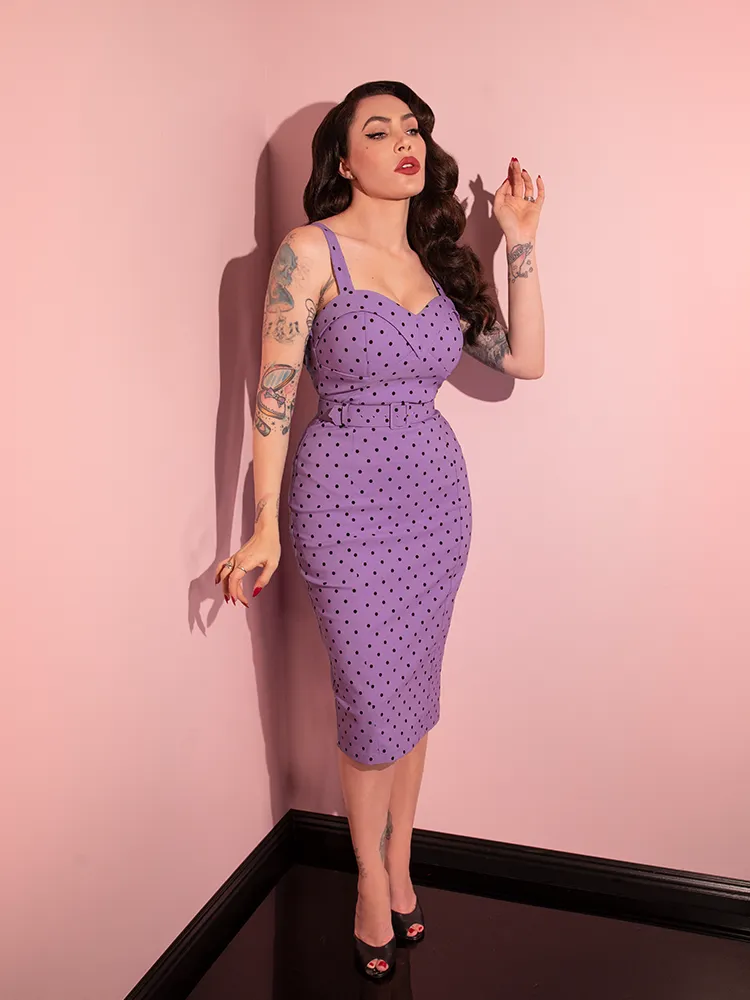 COMING BACK SOON - Maneater Wiggle Dress in Sunset Purple Polka Dot - Vixen by Micheline Pitt