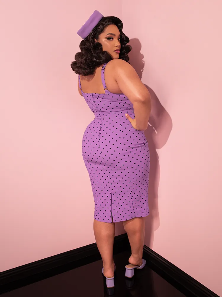 COMING BACK SOON - Maneater Wiggle Dress in Sunset Purple Polka Dot - Vixen by Micheline Pitt