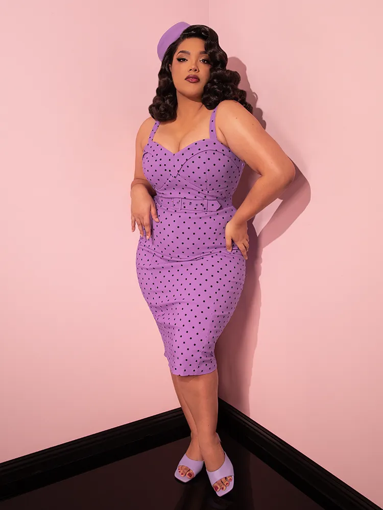 COMING BACK SOON - Maneater Wiggle Dress in Sunset Purple Polka Dot - Vixen by Micheline Pitt