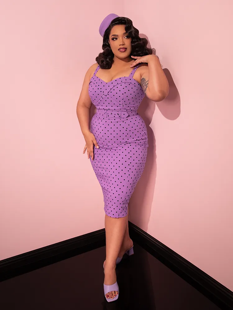 COMING BACK SOON - Maneater Wiggle Dress in Sunset Purple Polka Dot - Vixen by Micheline Pitt