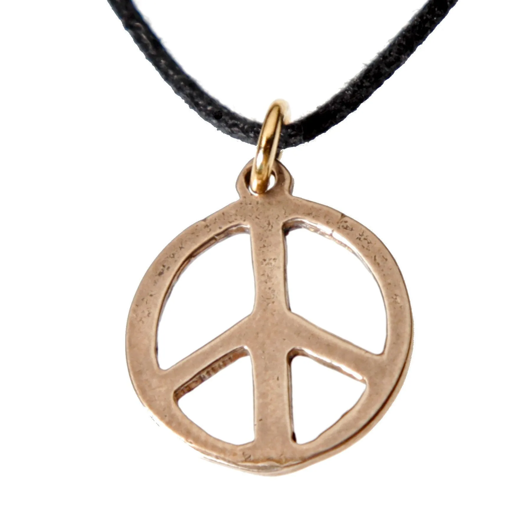 Delicate Peace Symbol Peace Bronze Pendant Necklace on Adjustable Natural Fiber Cord