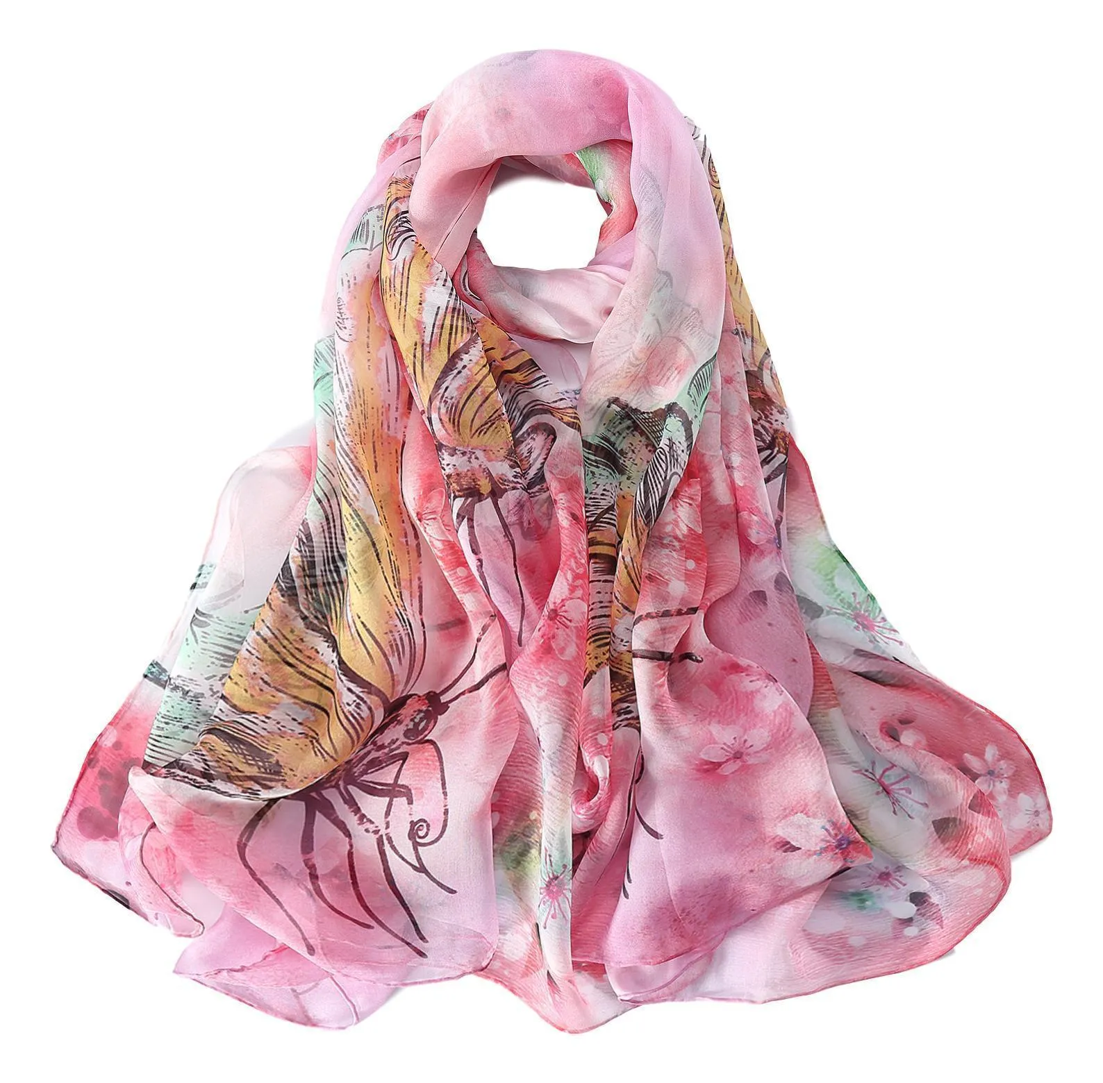 Extra Wide High Quality Silk Chiffon Scarf Pink Theme Butterfly Print SCH509