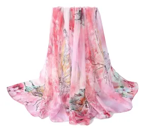 Extra Wide High Quality Silk Chiffon Scarf Pink Theme Butterfly Print SCH509