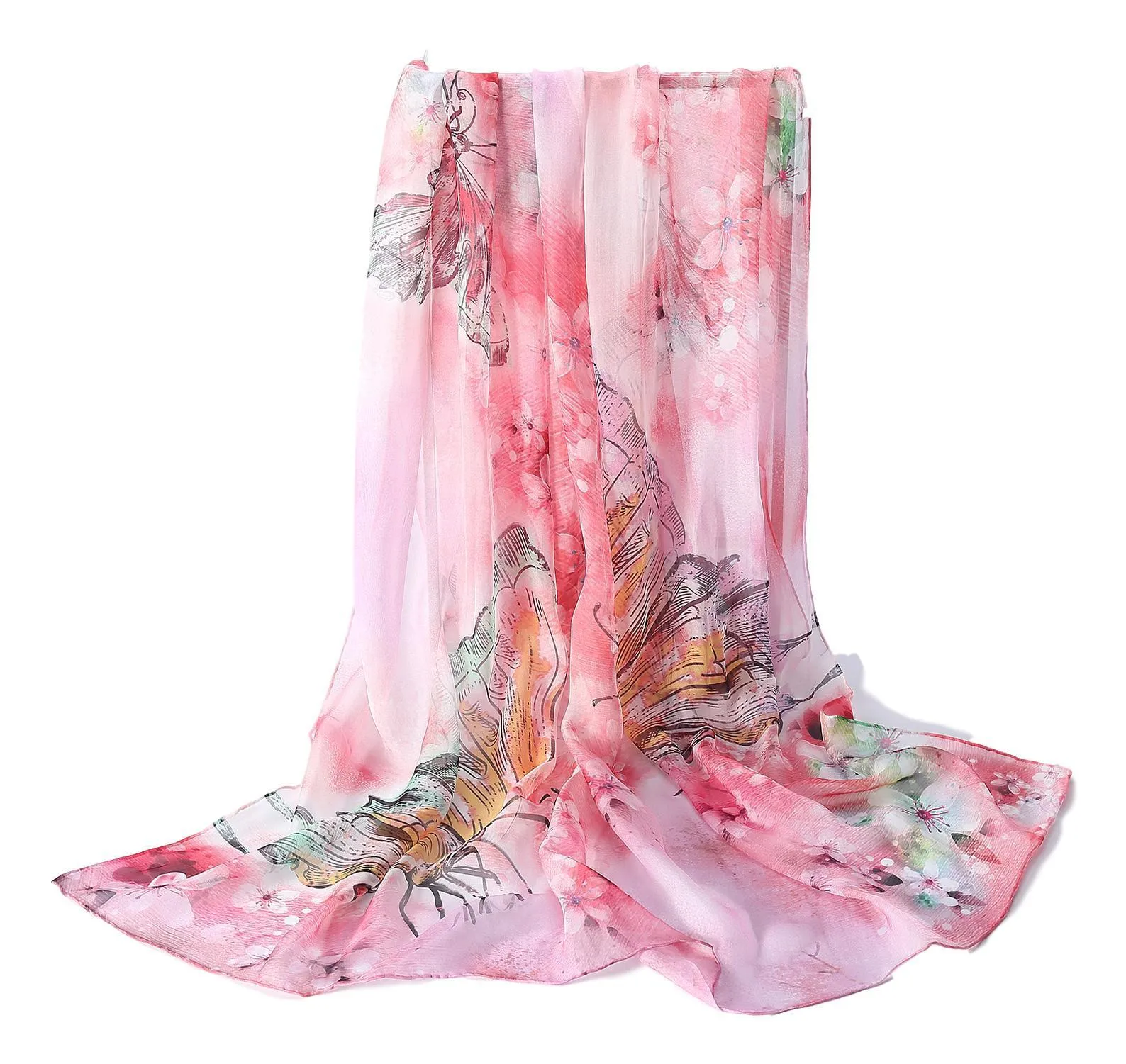 Extra Wide High Quality Silk Chiffon Scarf Pink Theme Butterfly Print SCH509