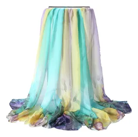 Extra Wide High Quality Silk Chiffon Scarf Purple and Green Coral Print SCH515