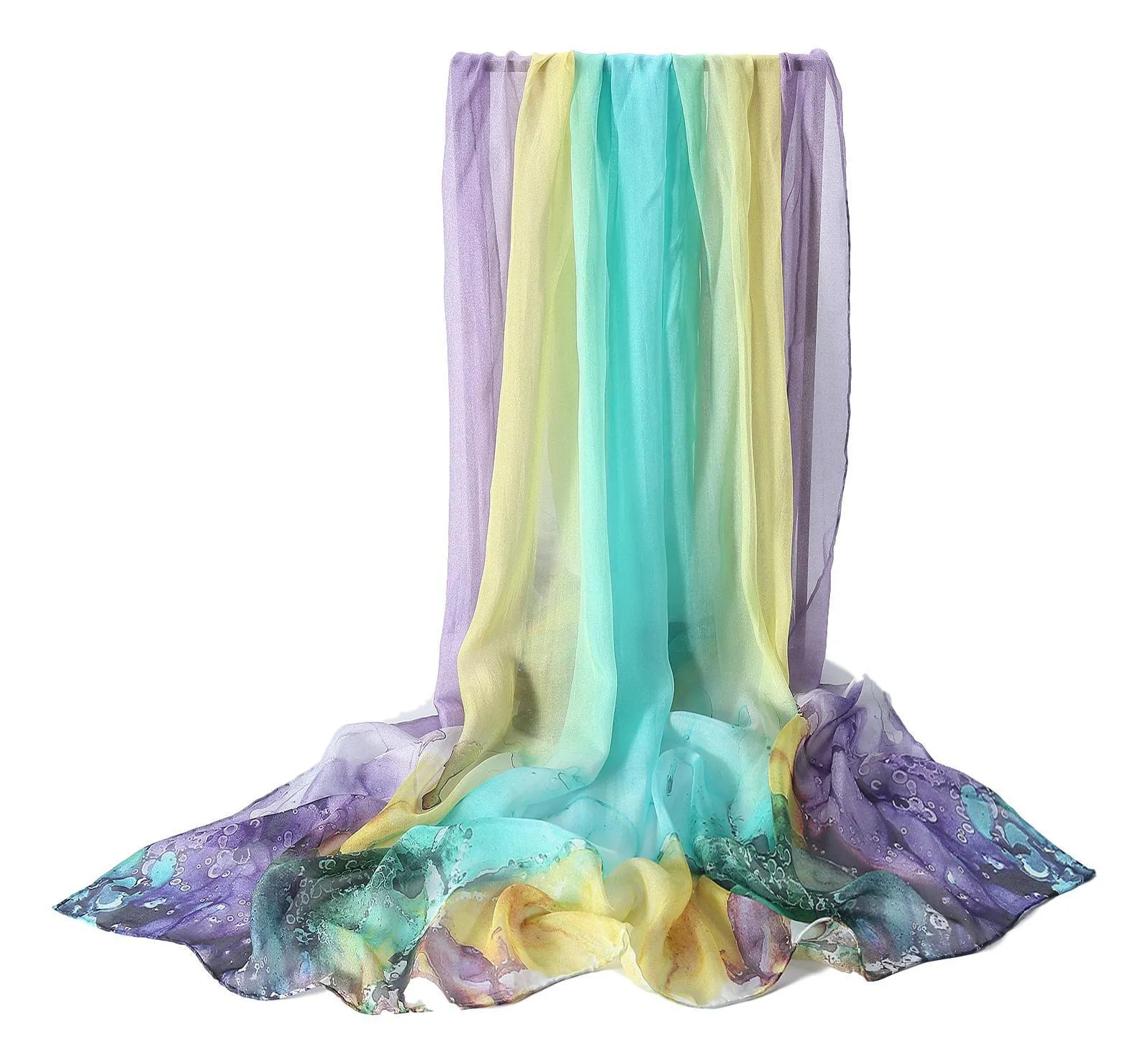 Extra Wide High Quality Silk Chiffon Scarf Purple and Green Coral Print SCH515