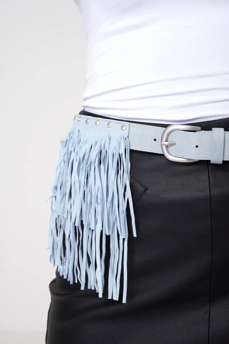 Faux Leather With Fringe Suede Studded Belt In Blue