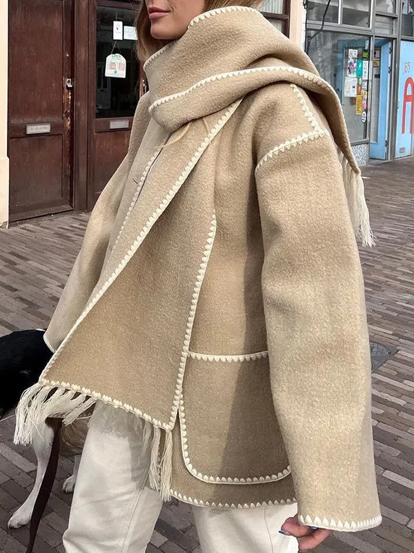 Fringe Wool Blend With Scarf Coat