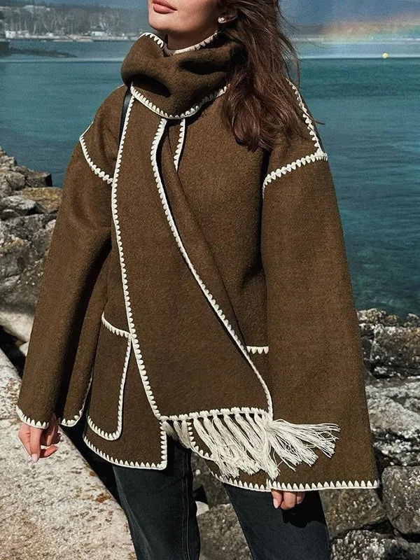 Fringe Wool Blend With Scarf Coat