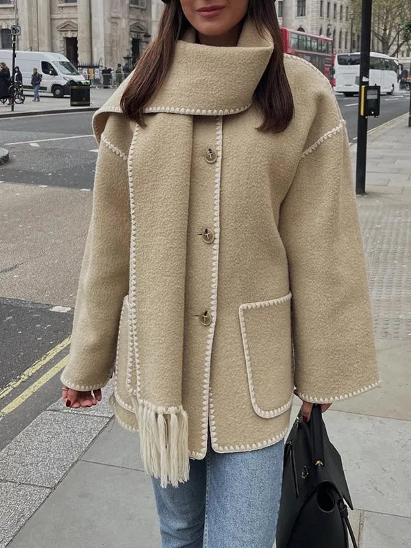 Fringe Wool Blend With Scarf Coat