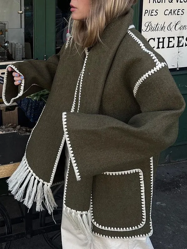 Fringe Wool Blend With Scarf Coat