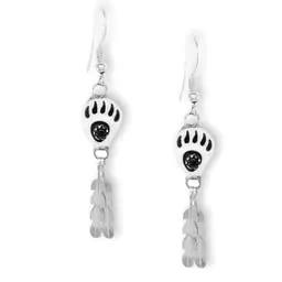 Genuine Black Onyx Bear Paw Earrings with Feathers, 925 Sterling Silver, Native American USA Handmade, Nickel Free, French Hook Style