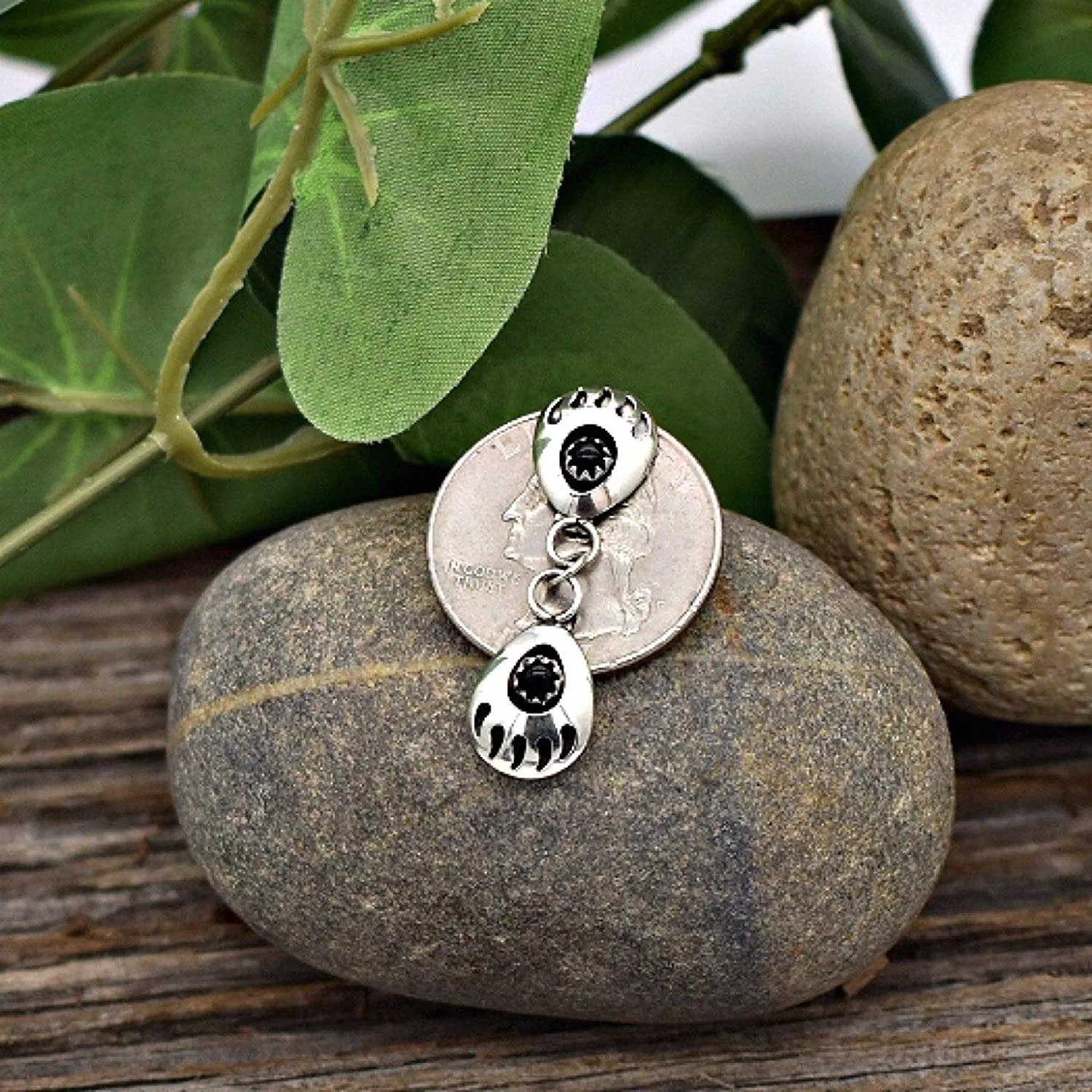 Genuine Black Onyx Double Bear Paw Earrings, 925 Sterling Silver, Native American USA Handmade, Nickle Free