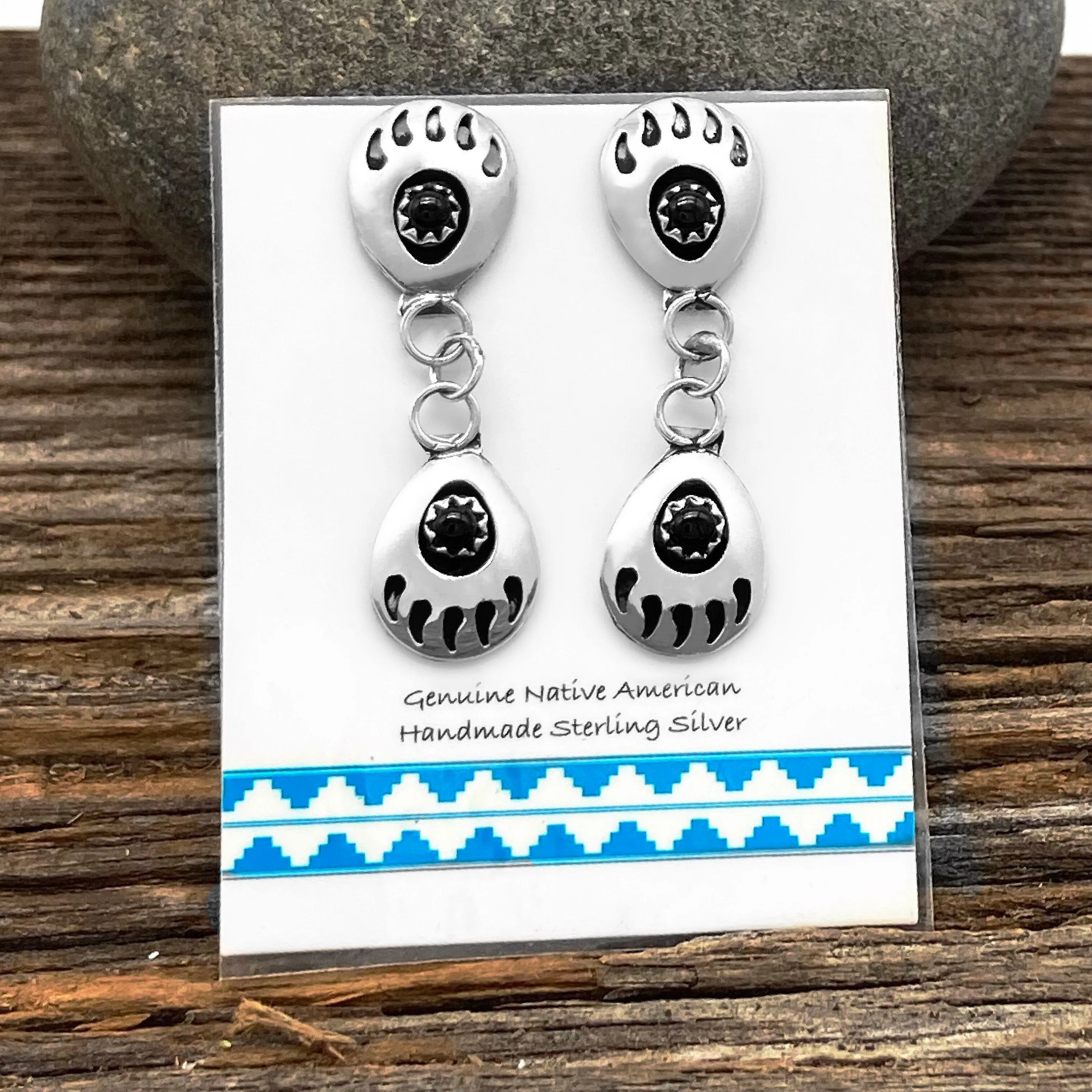 Genuine Black Onyx Double Bear Paw Earrings, 925 Sterling Silver, Native American USA Handmade, Nickle Free