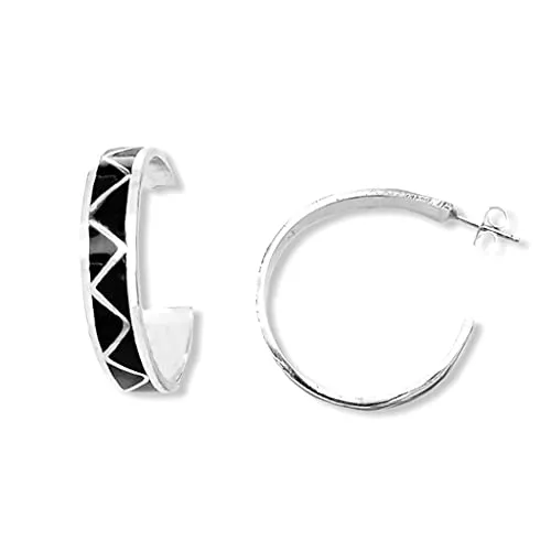 Genuine Black Onyx Half Hoop Earrings in 925 Sterling Silver, Native American Handmade in the USA, Nickle Free