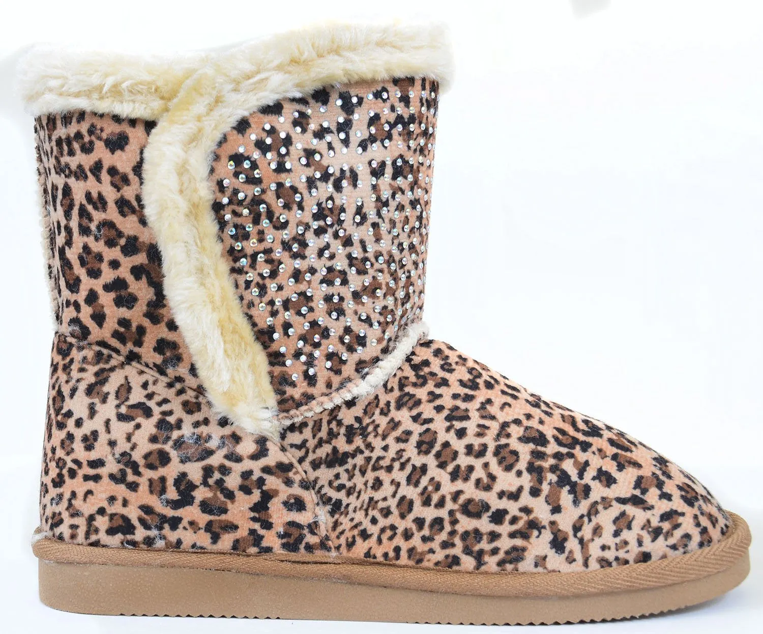 Girls Fur Rhinestone Faux Shearling Leopard Round Toe Ankle Boot KIDS