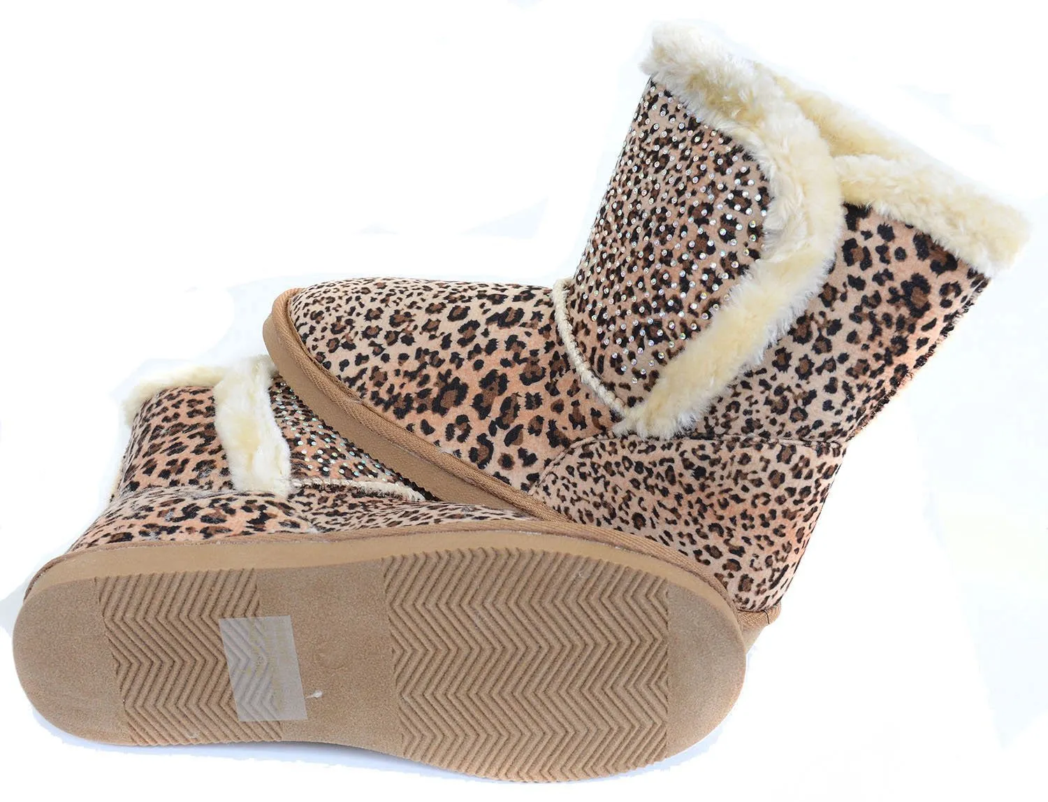 Girls Fur Rhinestone Faux Shearling Leopard Round Toe Ankle Boot KIDS