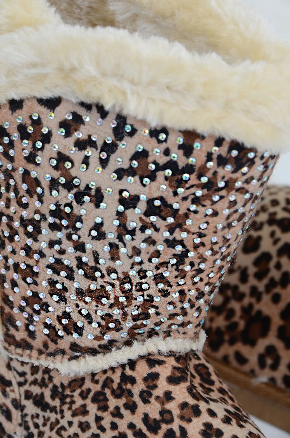 Girls Fur Rhinestone Faux Shearling Leopard Round Toe Ankle Boot KIDS