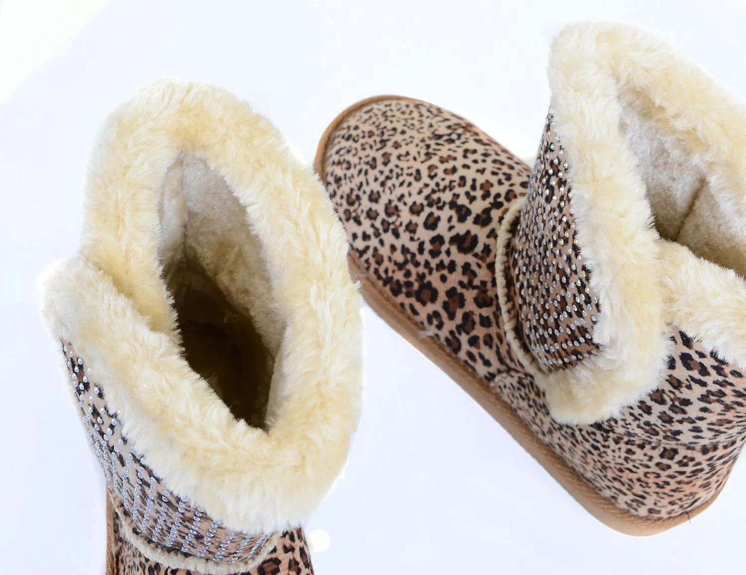 Girls Fur Rhinestone Faux Shearling Leopard Round Toe Ankle Boot KIDS