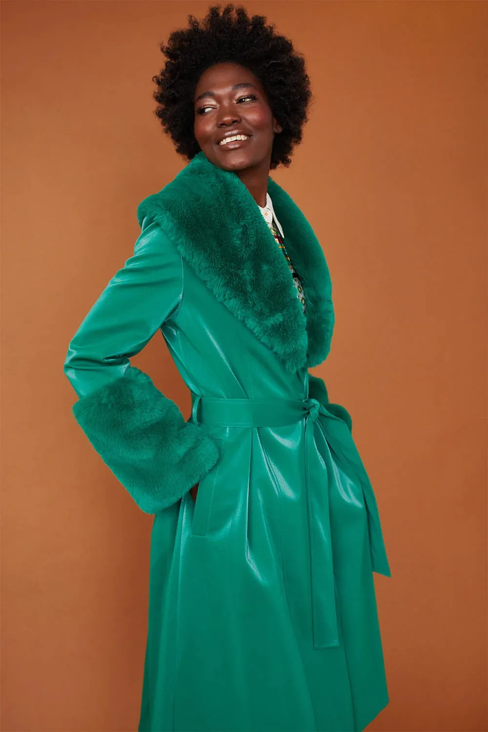 Green Faux Suede Trench Coat with Faux Fur Collar and Cuffs