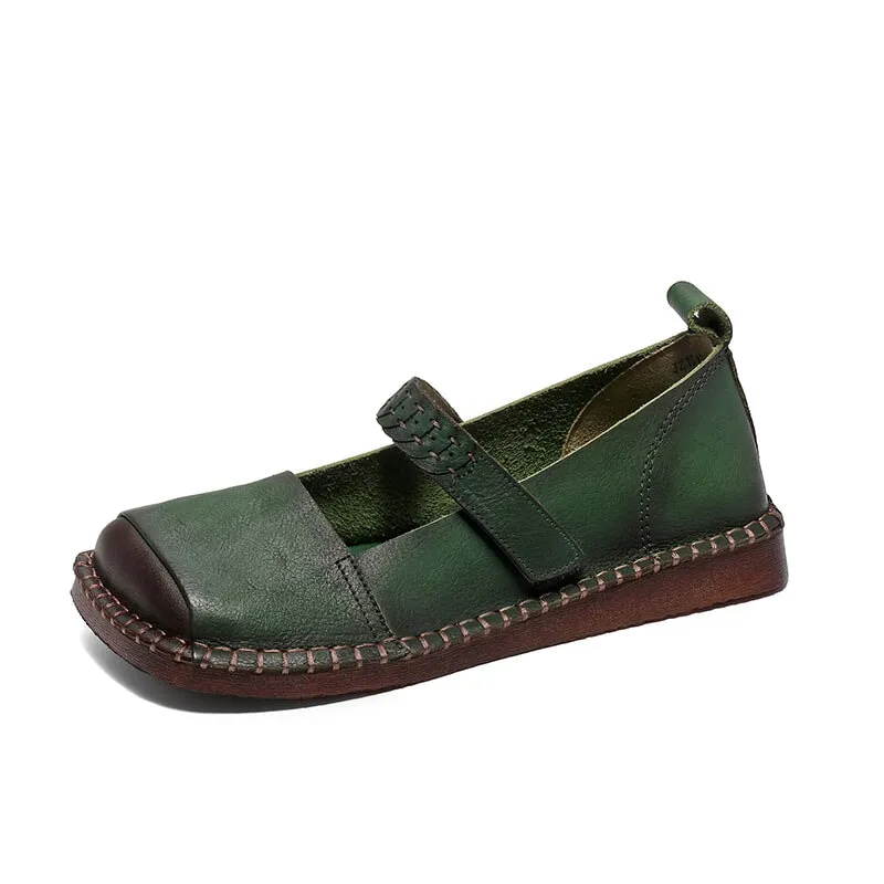 Handmade Genuine Leather loafer Slip On Breathable Mary Jane Shoes Green/Brown