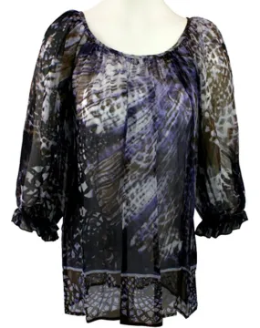 Karen Kane 100% Silk Blue Geometric Print, 3/4 sleeves Round Neck, Blouson Top