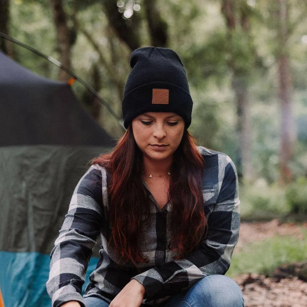 Leather Patch Cuffed Beanie - Black