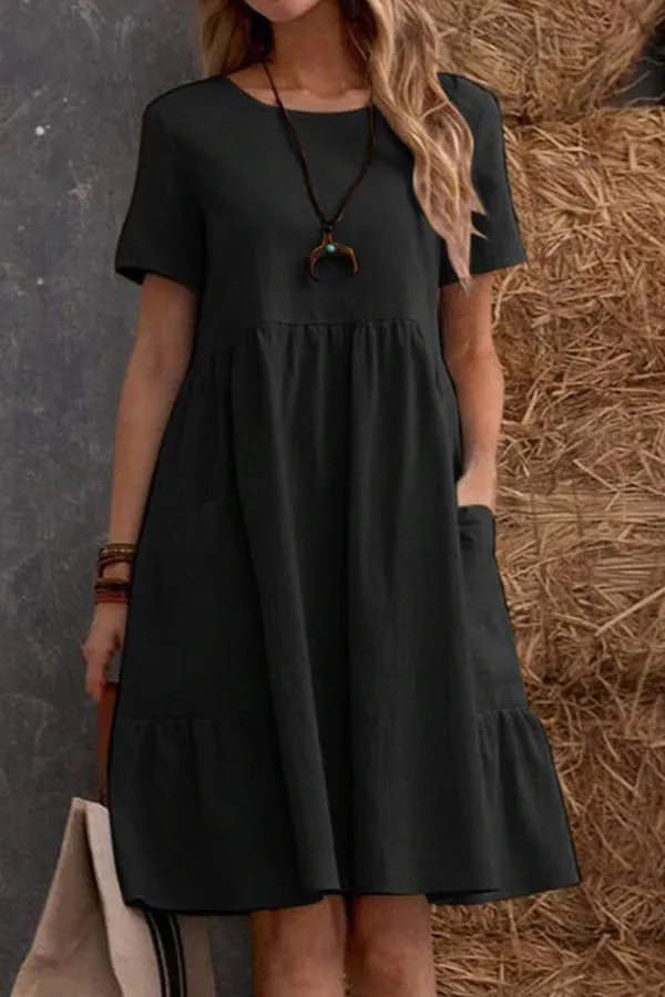 Loose Pocket Solid Color Round Neck Short Sleeve Dress