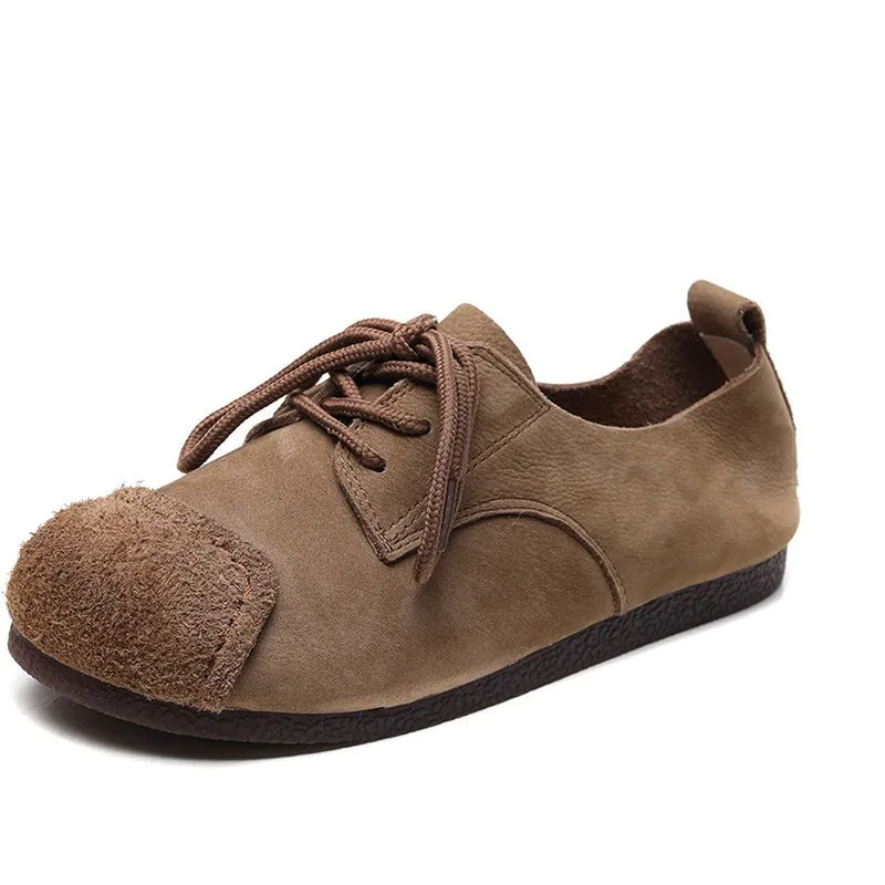 Mori Girl Style Handmade Soft Leather Lace Up Flats in Camel/Coffee