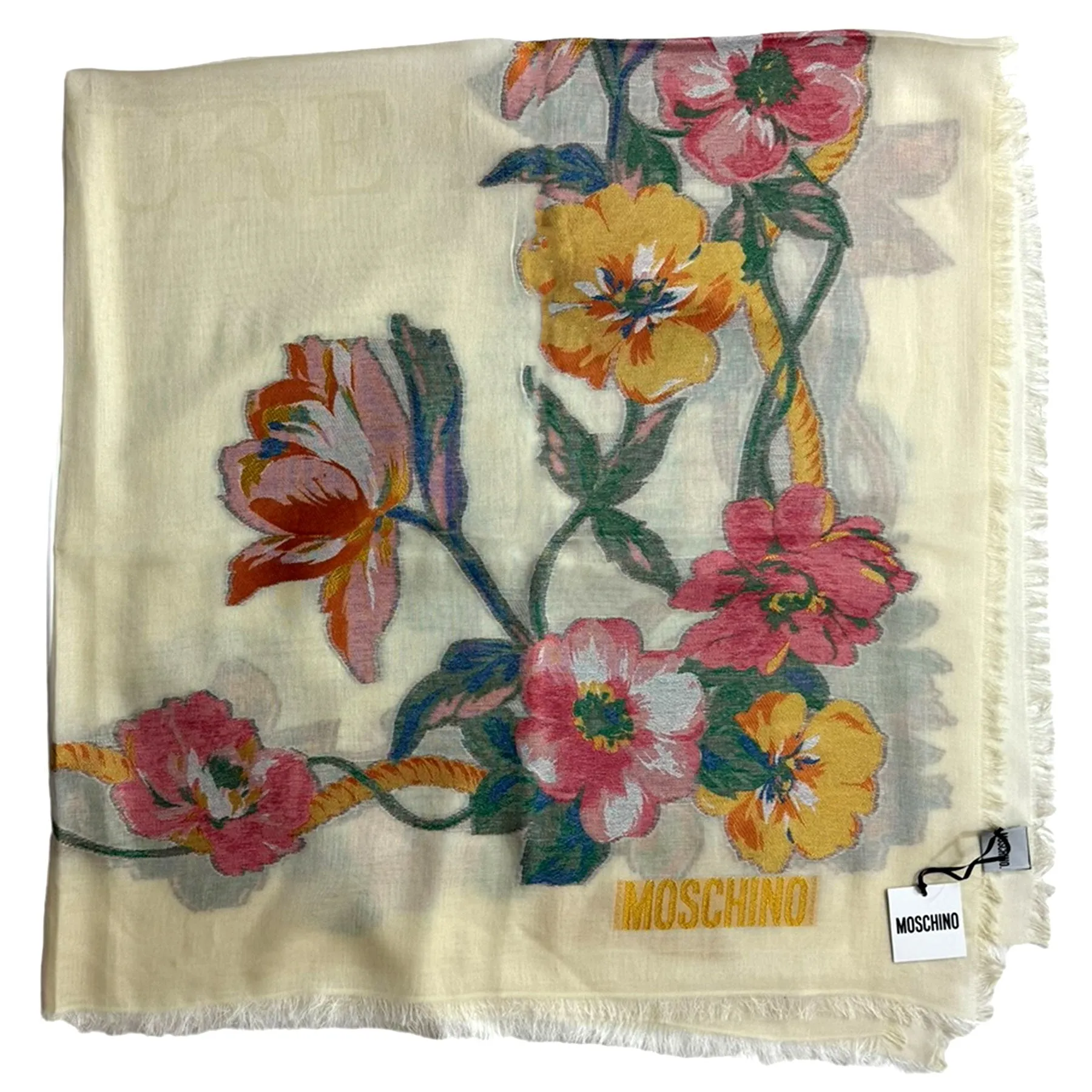 Moschino Scarf White Floral Design - Large 55 Inch Square Shawl - 2024 Collection