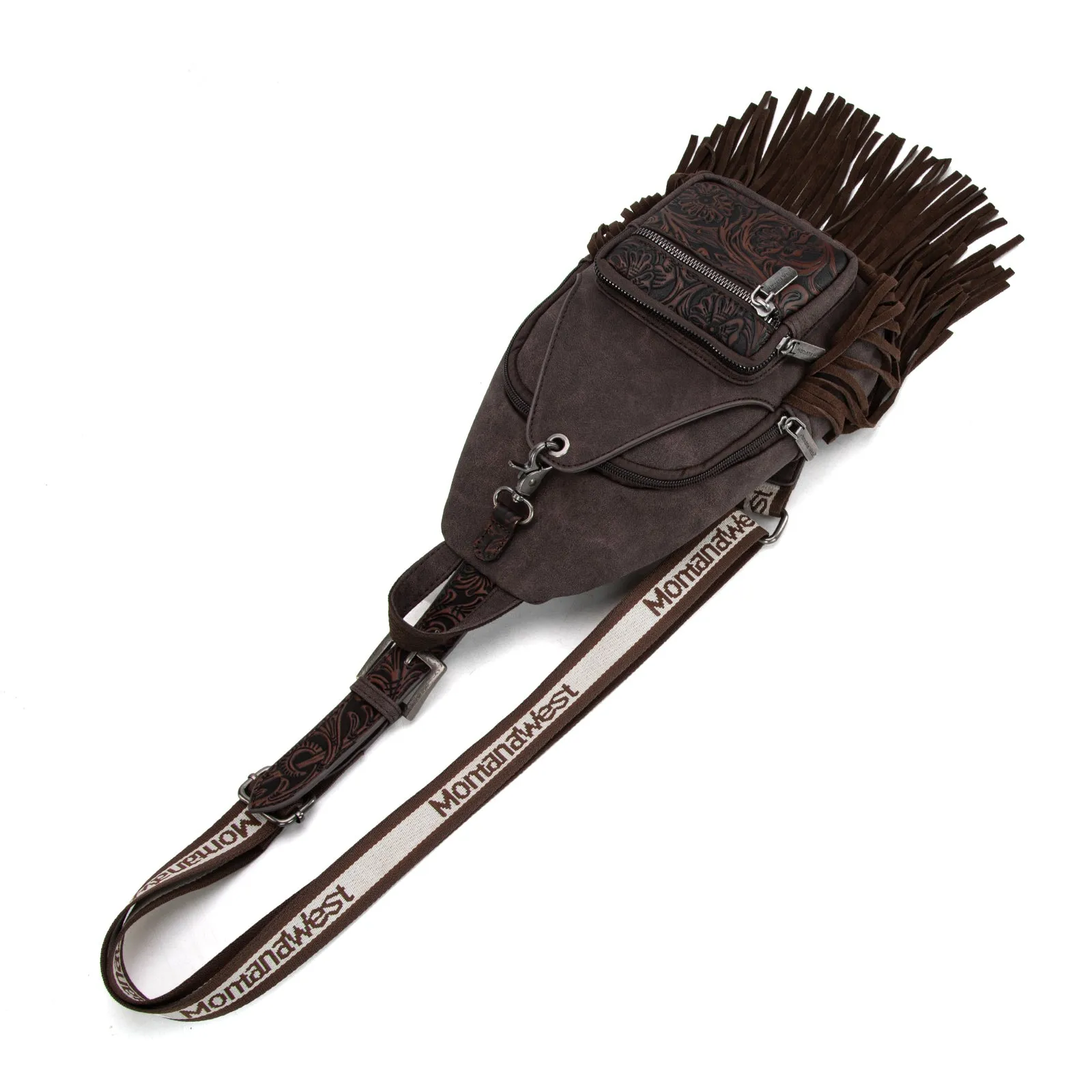 MW1276-S9110   Montana West Tooled Fringe Sling Bag - Coffee