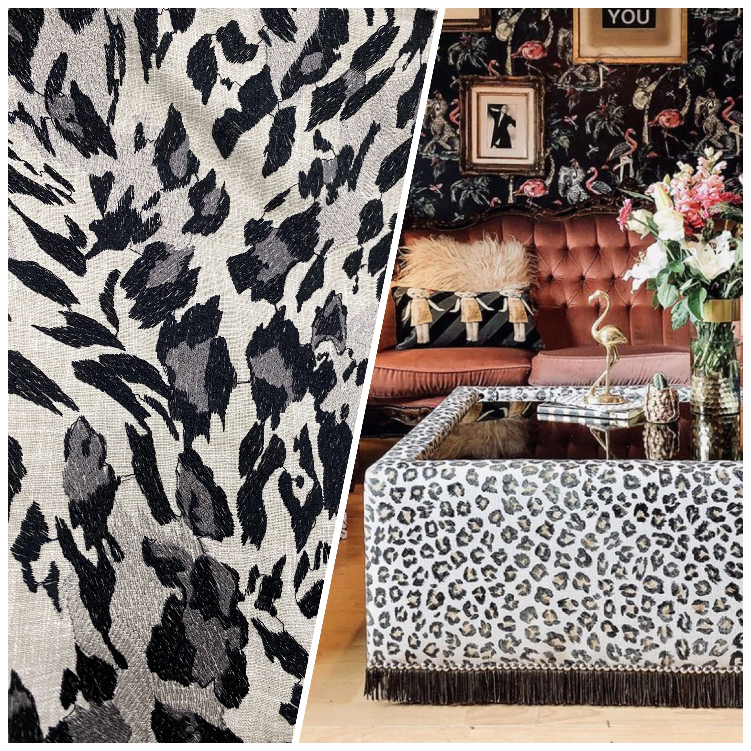 NEW Prince Stanley Novelty Embroidered Leopard Decorating Fabric in Cream, Black, and Gray