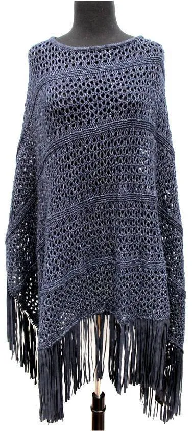 Open Knit Poncho with Suede Fringe